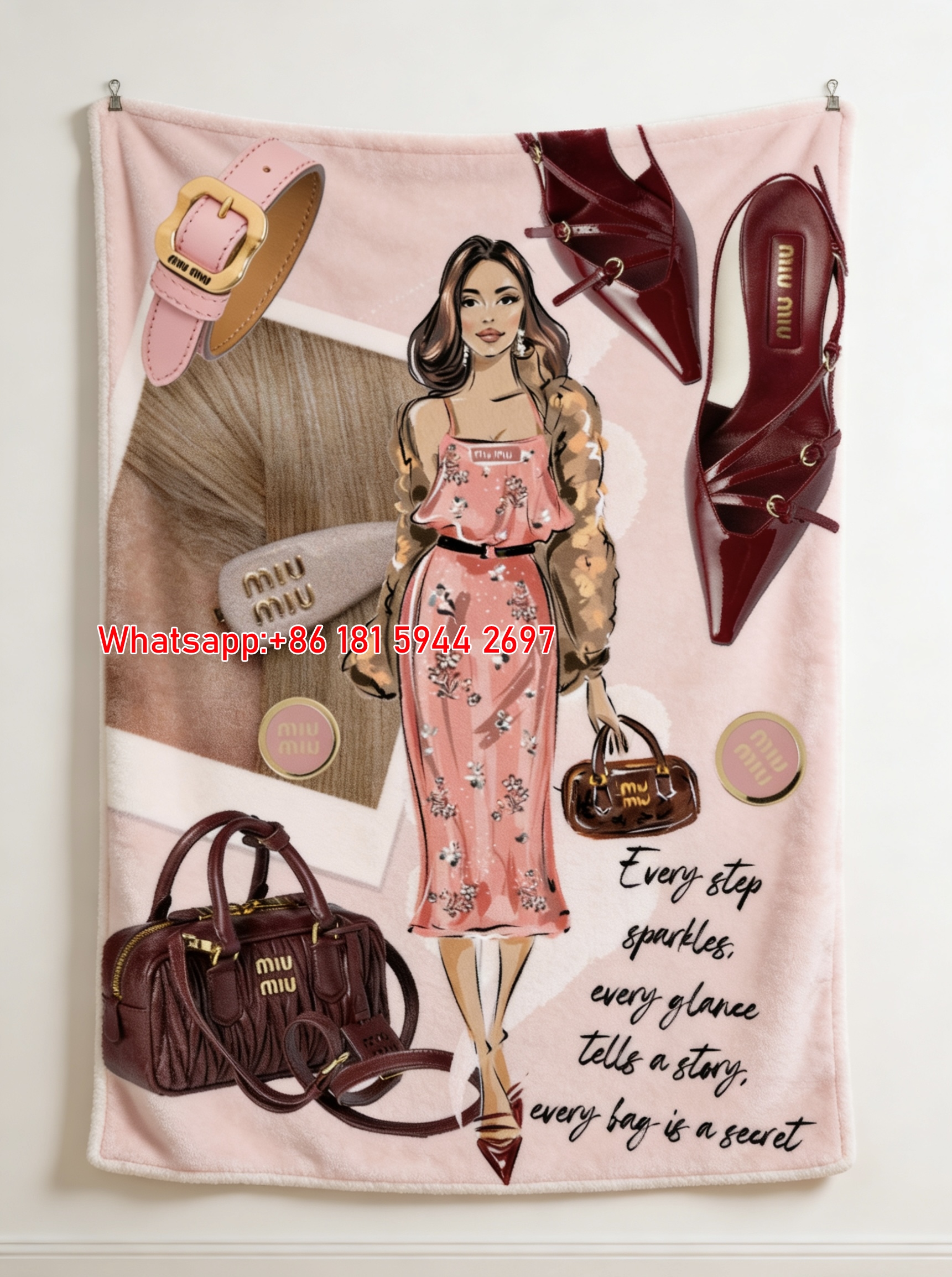 Miu Miu Pink & Burgundy Fashion Illustration Printed Flannel Sofa Throw Blanket IMG_0494